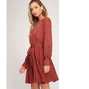 NWT Women’s She + Sky, Coral and Black Long Sleeve Dress Flared skirt, sz medium